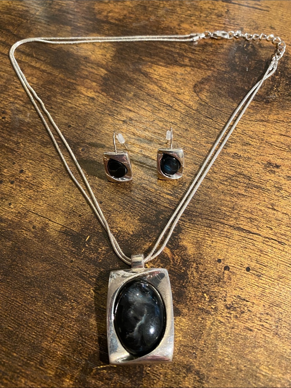 Kenneth Cole Silver-Tone Necklace and Earring Set with Black Stones